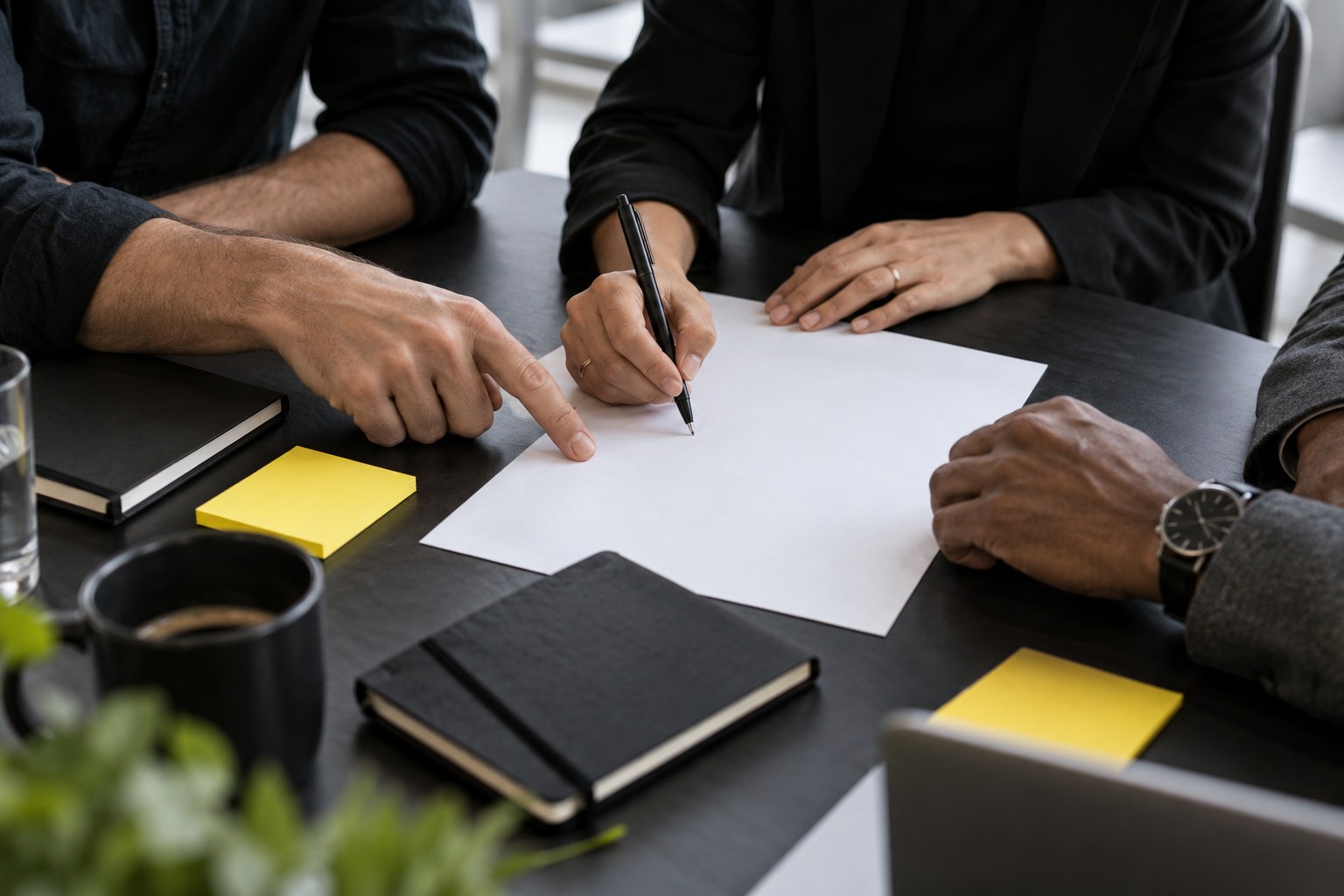 People working together around a table, taking notes on blank paper